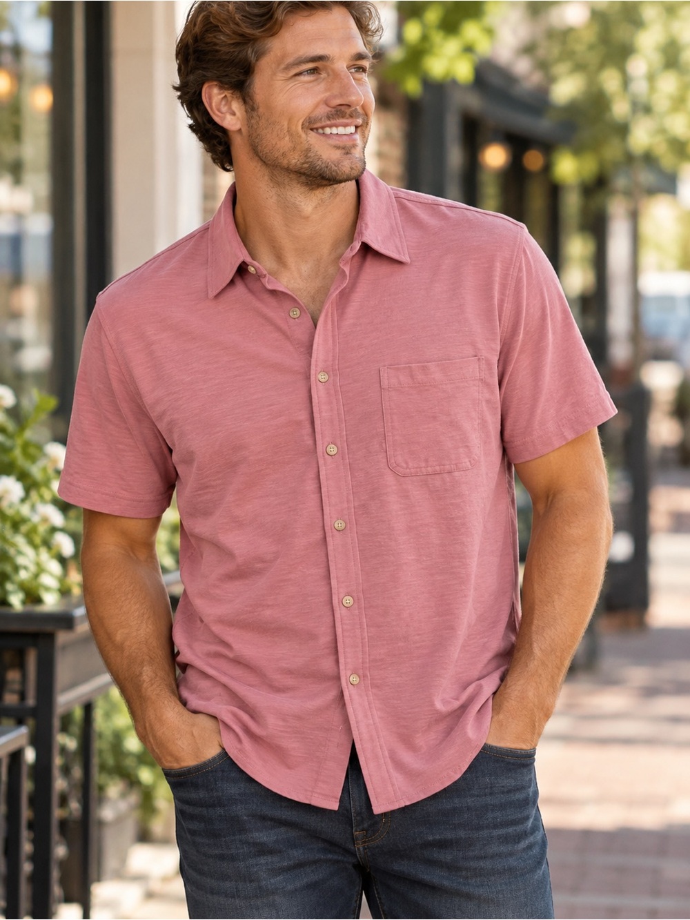 Men's Short-Sleeve Button-Up Shirt in Dusty Rose NWT